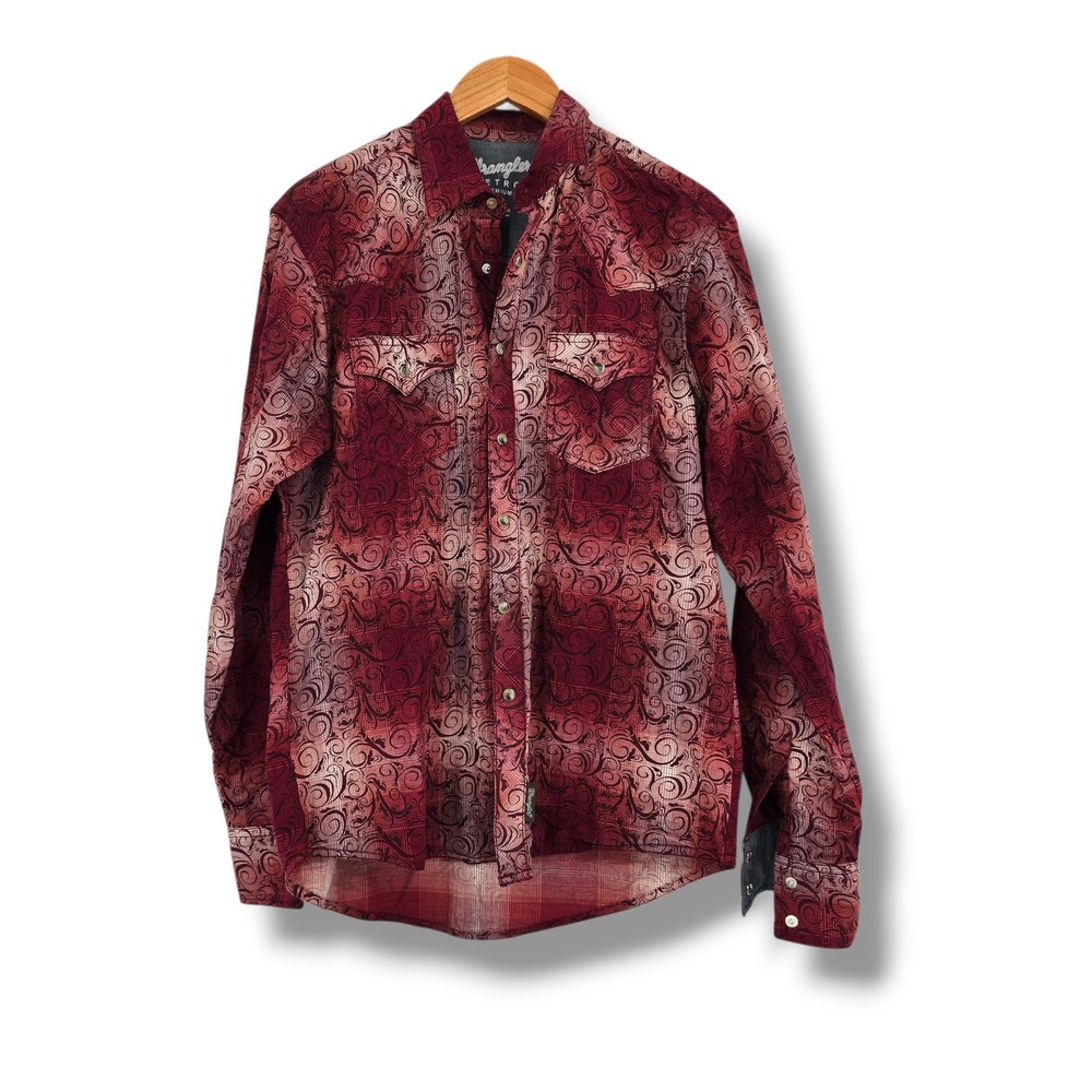 Wrangler Retro Premium Mens Red Scroll Paisley Plaid Western‎ Pearl Snap Shirt M